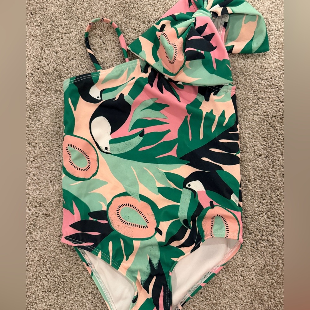 Janie and Jack Girls One-Piece Bow Detail Swimsuit - Pink & Green